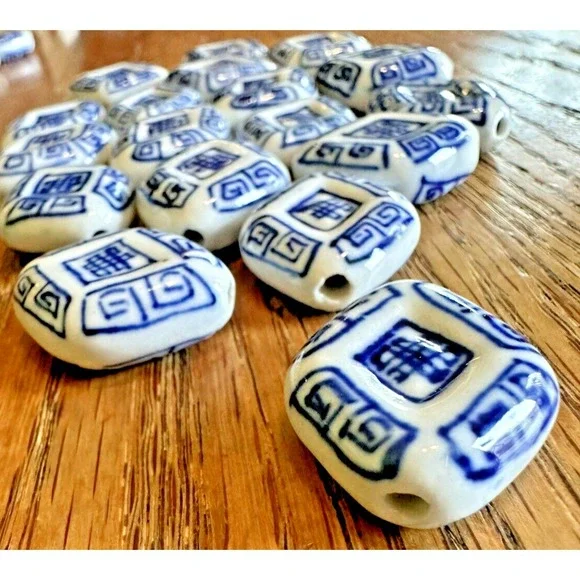 20 Blue White Asian Print Porcelain Beads Crafts Jewelry Making - Picture 4 of 5